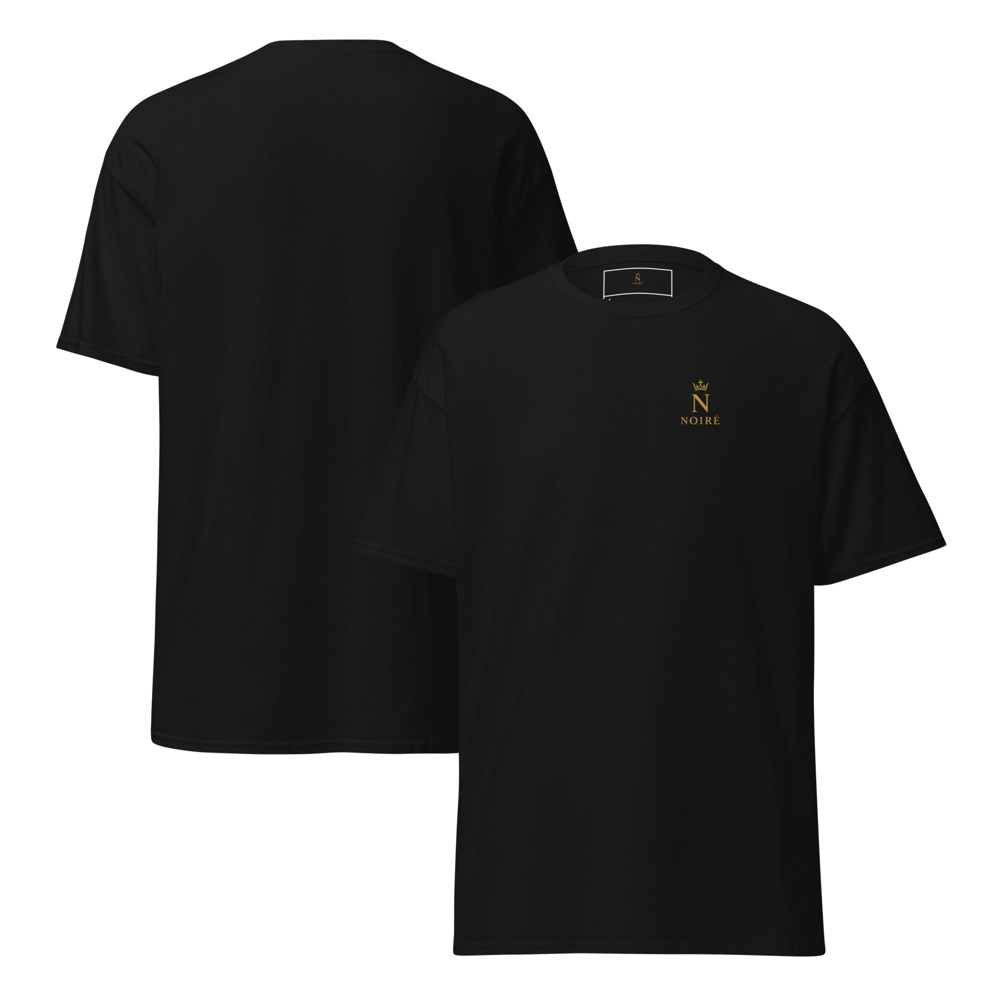 NOIRÉ Essential T-Shirt in black, showing front and back design