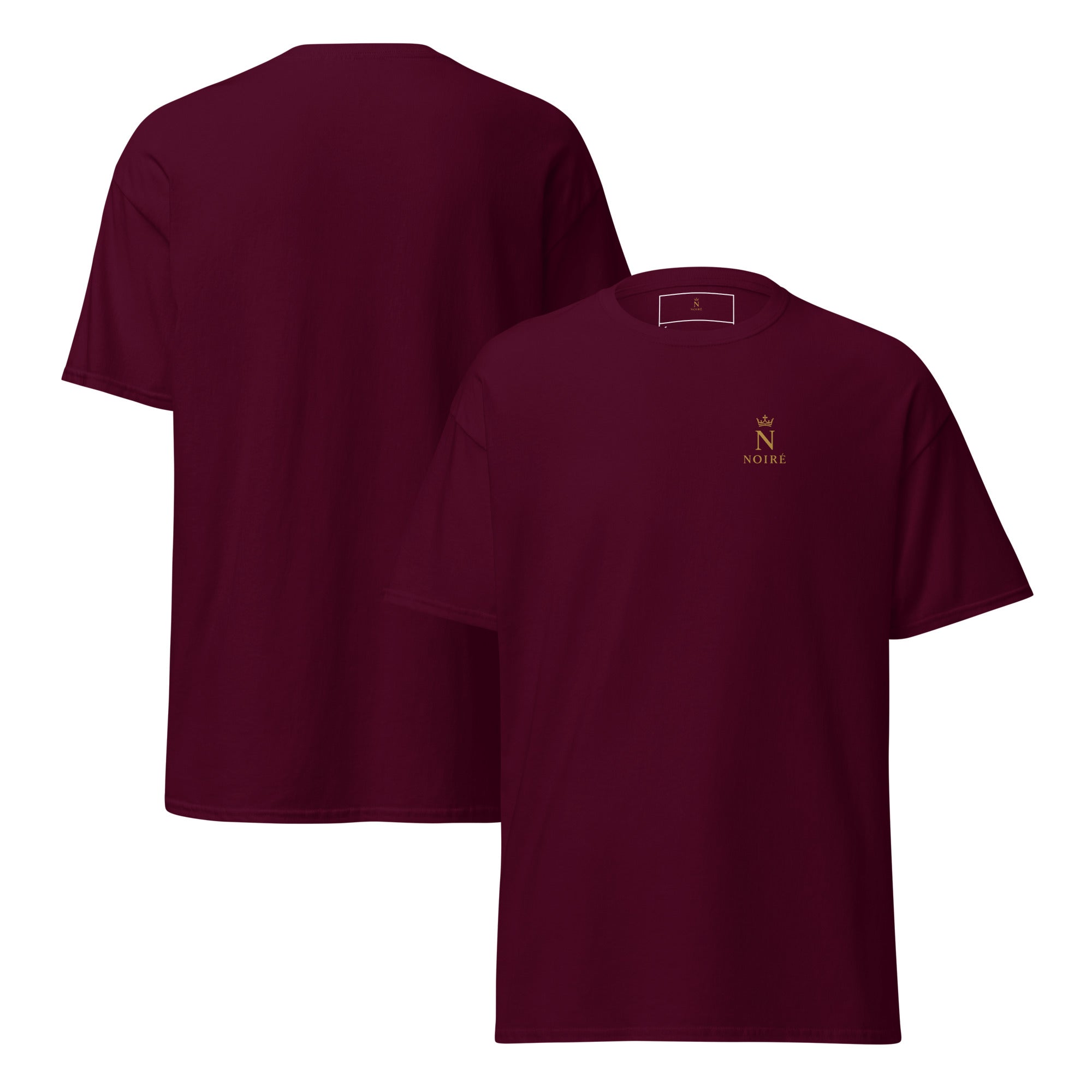NOIRÉ Essential T-Shirt in maroon, showing front and back design